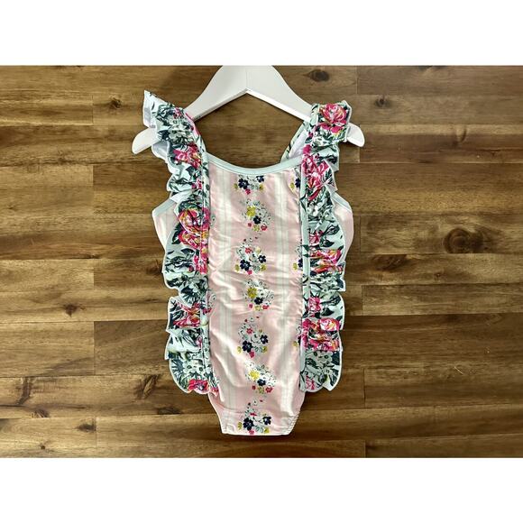NWT SweetHoney Mary One Piece Swimsuit Regal Roses Pink Ruffle Floral Green 4T - Picture 2 of 9